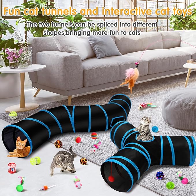 Poen 22pcs Cat Kitten Toys Set with 2 Collapsible Cat Tunnel and 20 Interactive Kitty Feather Toy, Fluffy Mouse, Crinkle Balls, for Kitten Puppy(Blue, Black)