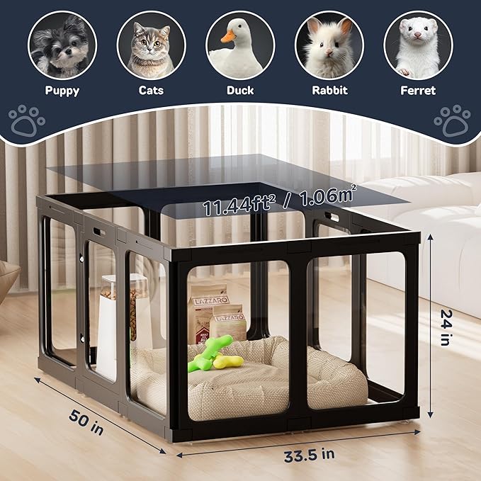 Acrylic Dog Playpen Indoor, 10 PCS Plastic Puppy Playpen with Door, Clear PlayPen for Dog Cat Rabbit Ferret, Preferable Small Dog Cage, Easy Assemble Pet Pen, 50" L x 33.5" W x 24" H, Black