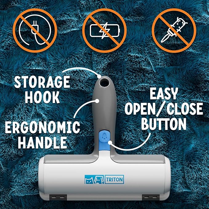 Triton Pet Hair Remover w/Fur Trapping Compartment - Easy to Use Pet Hair Removal Tool - Detachable Handle Cat & Dog Hair Remover for Car, Furniture, Clothes, Couch - Reusable Lint Roller (Gray/White)