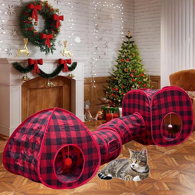 Cat Tunnels for Indoor Cats with Cube Tent Toys Combo, Interactive Collapsible Tent for Hiding Hunting and Resting, Pet Tube with Toy Bell for Kitten, Rabbit, Puppy, Ferret - Set of 3
