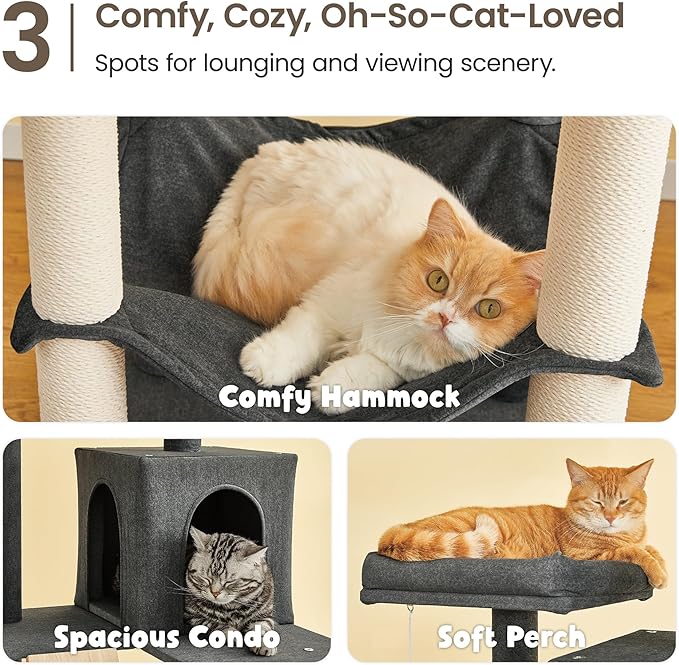MWPO Large Modern Cat Tree, 70.1-Inch Wood Cat Tower for Indoor Cats, Multi-Level Tall Cat Condo with 2 Padded Perches, Hammock, Scratching Posts, Dangling Toys, Smoky Grey