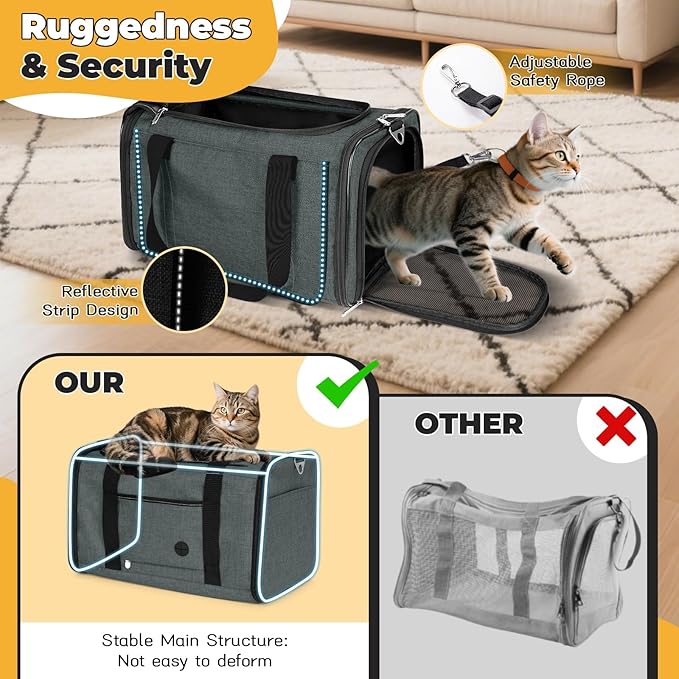 YUDODO 25 lbs Lightproof Soft Sided Pet Carrier for Large Cat & Small Dog Airline Approved Travel Puppy Carrier with Side Pockets & Reflective Mesh, Foldable Portable for Outdoor Car Grey Green