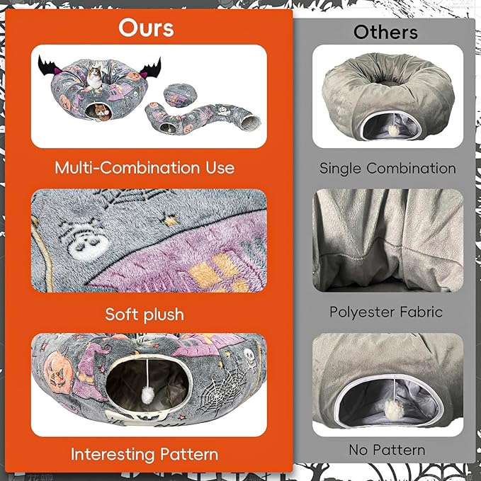 Tidjani Halloween Cat Tunnel Bed, Cat Tunnels for Indoor Cats with Bat Wings, Foldable Pet Donut Bed with Middle Mat and Dangling Balls, Pet Play Toy with Ghost, Spider Web Pattern Decorations