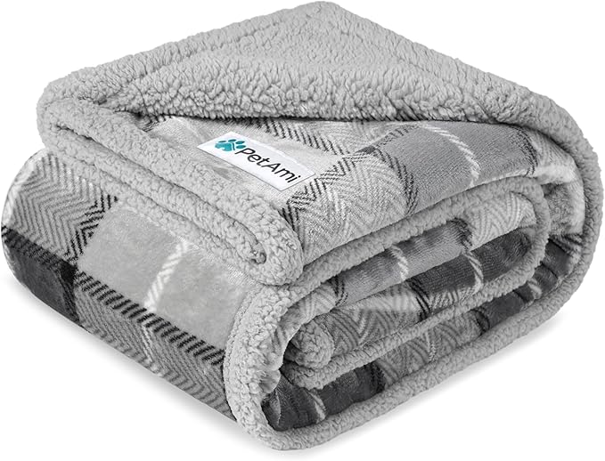 PetAmi Waterproof Dog Blanket for Small Medium Dog Puppy Cat Throw for Couch Cover Leakproof Protection, Sherpa Fleece, Reversible Soft Washable 29x40 Plaid Light Gray