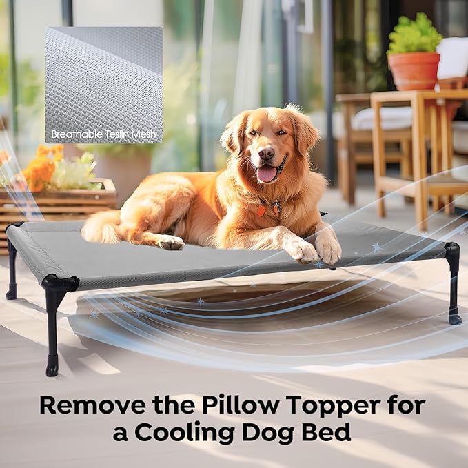 Veehoo Cooling Elevated Dog Bed Add Removable Waterproof Bolster Cushion Mat, Raised Pet Cot with Breathable Teslin Mesh, No-Slip Feet, Dog Couch Bed for Indoor Outdoor, 42x30inches, Grey, CWC2331B