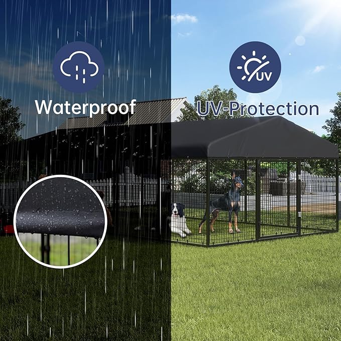 Large Outdoor Dog Enclosure,Heavy Duty Dog Cage with Roof,Galvanized Steel Dog Kennel Fence with Double Safety Locks(19.68'x 9.84')
