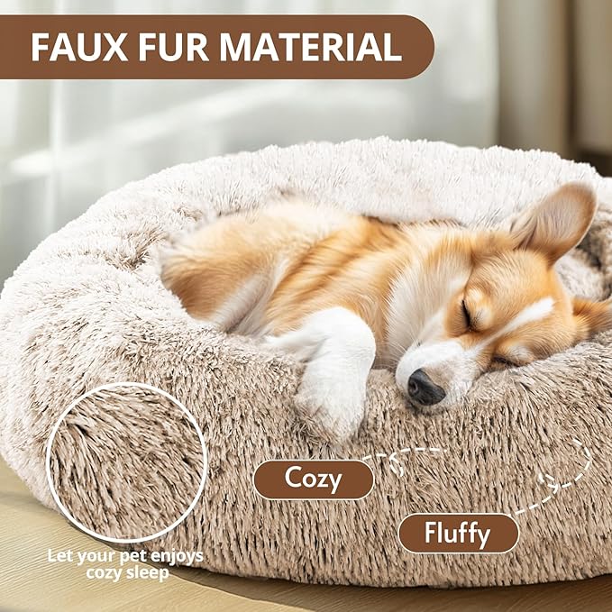 JOLLYVOGUE Calming Dog & Cat Bed for Small Dogs, Anti-Anxiety Donut Cuddler Cozy Soft Round Bed with Anti-Slip Bottom, Fluffy Faux Fur Plush Cushion Beds for Small Medium Dogs (23")