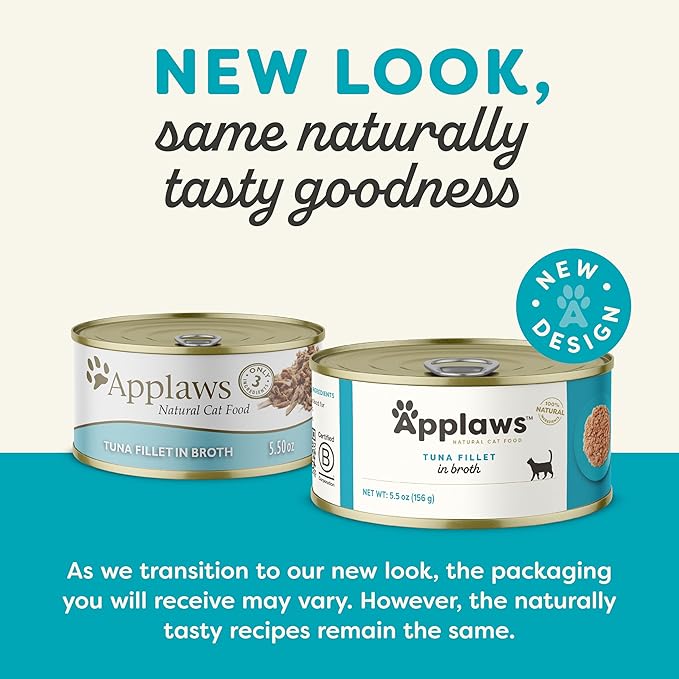 Applaws Natural Wet Cat Food in Broth, Limited and Natural Ingredients, High Protein with No Artificial Additives, Tuna Fillet in Broth (6 x 5.5oz Cans)