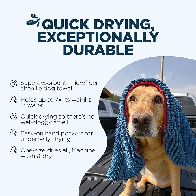 Soggy Doggy Super Shammy Dog Towel - Microfiber Chenille Towel for Drying Dogs and Cleaning Paws - Fast Drying with Hand Pockets for Ease (Blue/Red Trim, 31” x 14”)