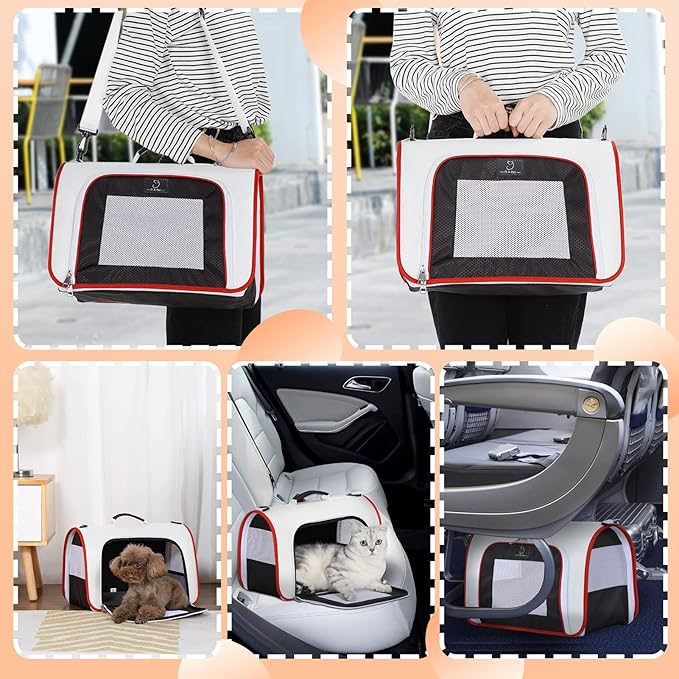 A4Pet Airline Approved Cat Carrier, Suitable for Cats, Puppies Under 18 lbs, Easy On The Go, Easy to Stow, Soft-Sided Cat Travel Carrier, 17" L x 11" W x 11" H, White & Red