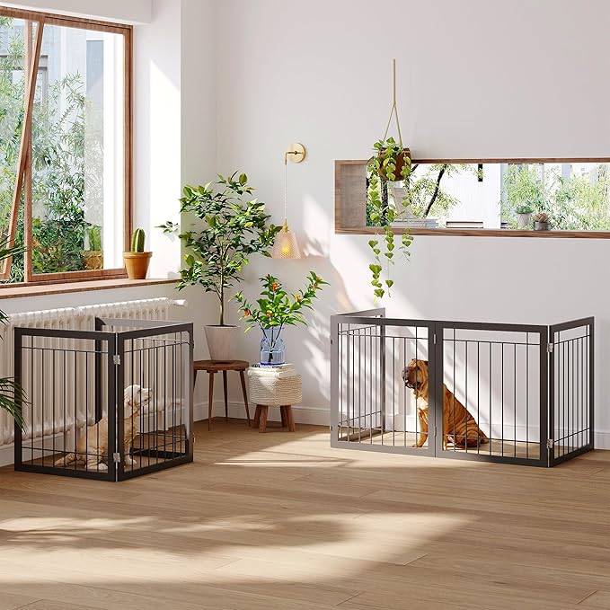 JSB 72-inch Extra Wide 28-inch Tall Dog gate, Freestanding Pet Gate for Halls, Stairs & Home, Pet Puppy Safety Dog Fence with 2PCS Support Feet (Black)