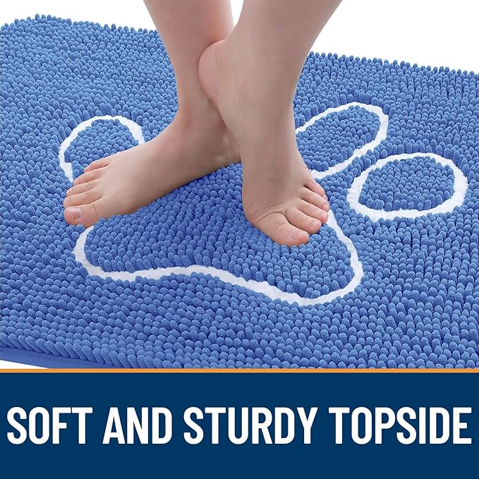 OLANLY Dog Door Mat for Muddy Paws 48x30, Paw Print Design, Absorbs Moisture and Dirt, Absorbent Non-Slip Washable Doormat, Quick Dry Chenille Mud Mat, Entry Indoor Entryway Carpet, Cornflower Blue