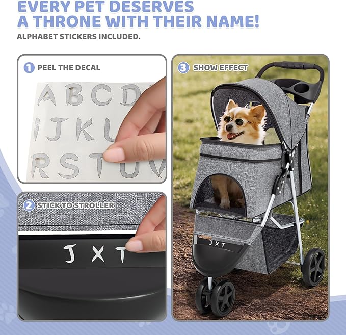 Magshion 3-Wheel Pet Stroller, Foldable Travel Jogger for Small & Medium Dogs & Cats (Up to 33lbs), Lightweight Carrier with Breathable Mesh Cover, Cup Holder & Storage Basket, Gray