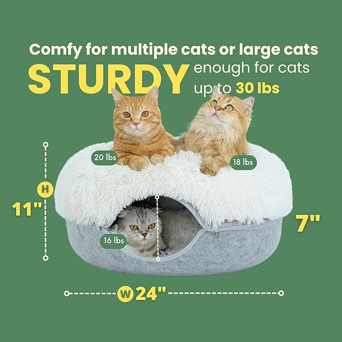 CATTASAURUS Peekaboo Cat Cave for Multiple & Large Cats Up to 30-45 Lbs, Fluffy Cat Beds for Indoor Cats, Scratch Detachable & Washable Tunnel Bed, Comfy Donut Cave (Light Gray, Large (Calming))