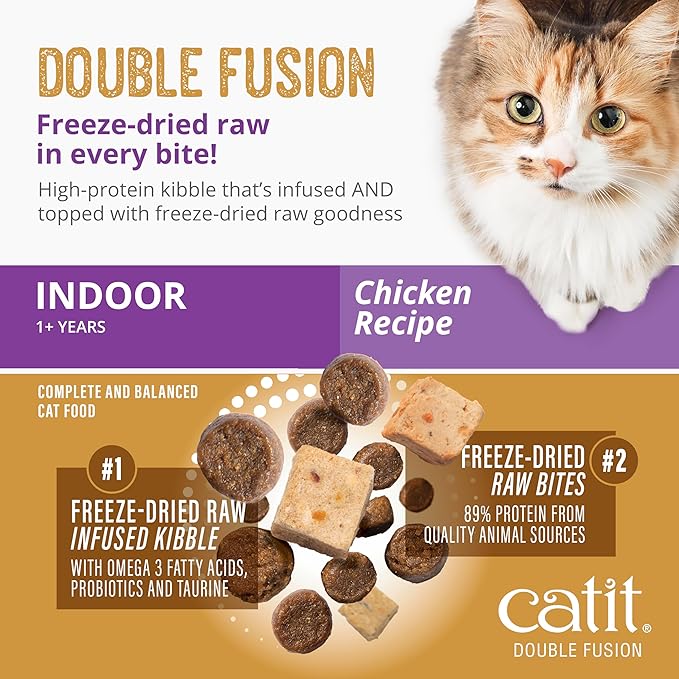 Catit Recipes Double Fusion Indoor Cat Food – Chicken Recipe, High-Protein, Freeze-Dried Raw Toppings, No by-Products, Minimally Processed, Balanced Nutrition for Indoor Cats, 10 lb