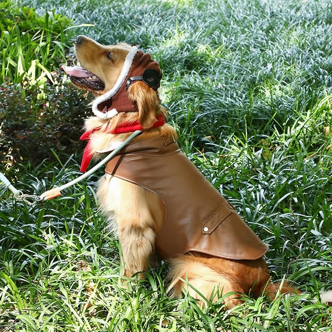 3 Pcs Dog Pilot Costume Set Halloween Dog Costume Aviator Pet Leather Jacket, Pilot's Hat with Goggles and Scarf Set Funny Cosplay Outfit for Extra Large Pet