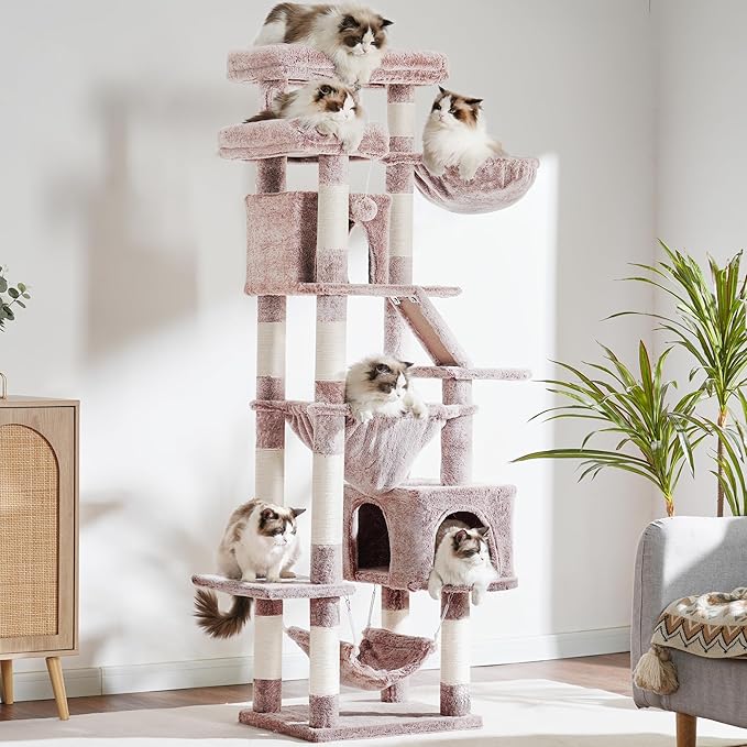 Heybly Cat Tree, 71-Inch-Tall Tower for Indoor Cats with 2 Perches, 2 Big Condos, 2 Hammocks, Basket, Scratching Pad, Large Cat Furniture and Condo, Mushroom HCT034MU