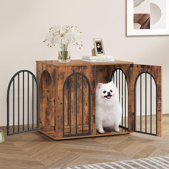 26.8'' Wooden Dog Crate Furniture, Indoor Dog Kennel Dogs Cage for Small Dogs, Heavy Duty Dog Crates Decorative Pet House End Side Table TV Stand, Rustic Brown DFC85501B