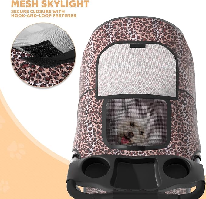 Magshion 3-Wheel Pet Stroller, Foldable Travel Jogger for Small & Medium Dogs & Cats (Up to 33lbs), Lightweight Carrier with Breathable Mesh Cover, Cup Holder & Storage Basket, Leopard Print