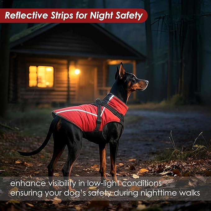 ASENKU Reflective Dog Coat with Built-in Harness, Windproof Fleece-Lined Dog Jacket for Small, Medium, Large Dogs, Warm Winter Vest with Turtleneck & Zipper (Red XL)