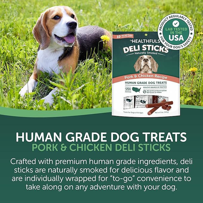 HEALTHFULS Deli Sticks Pork and Chicken Human-Grade Gluten-Free Soft and Chewy Dog Treats, 10 Count Bag