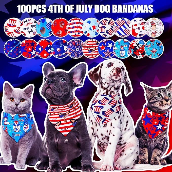 100 Pcs 4th of July Dog Bandanas Bulk Independence Day Dog Bandanas Adjustable Pet Bibs Independence Triangle Scarf 4th of July Holiday Costume for Small Medium Pet Puppy Cat