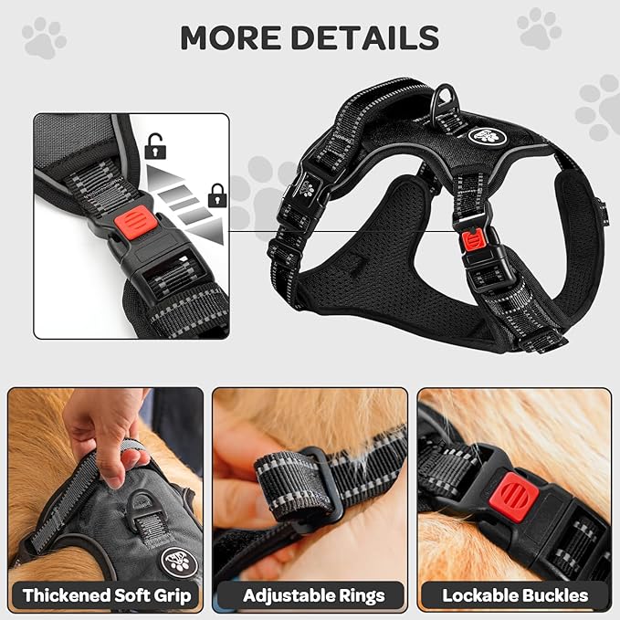 FURRYFECTION Dog Harness | No Pull Dog Harness | Reflective Oxford | Padded Handle | 4 Adjustable Straps | 2 Leash Clips | No Choke Pet Vest Harness for Small Medium Large Dogs | Black | M
