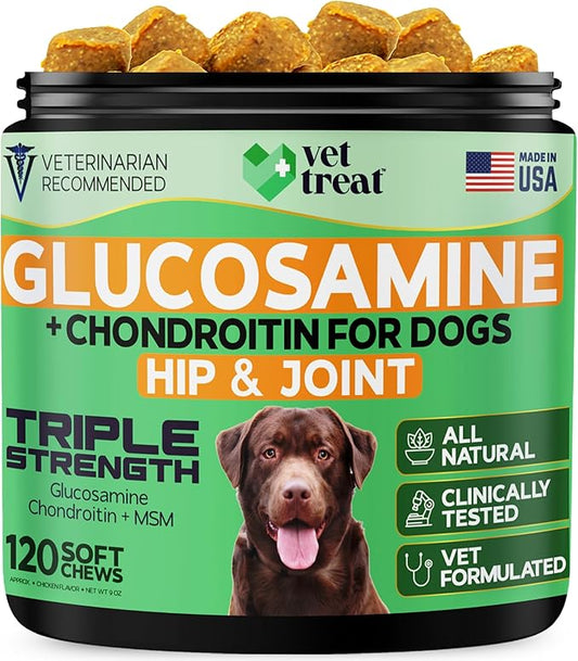 Glucosamine for Dogs – Hip & Joint Supplement with Chondroitin, MSM, Turmeric, Hemp Oil & Green Lipped Mussel – Arthritis Pain Relief, Mobility Support – Vet Formulated, USA – 120 Chews