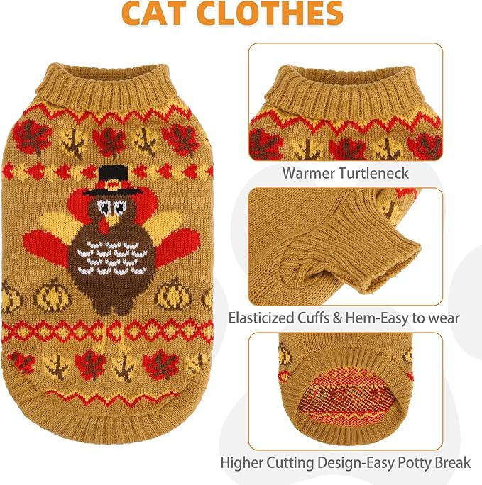 KOOLTAIL Thanksgiving Cat Sweater Turtleneck - Soft Knit Cat Sweaters for Cats Only, Turkey Pattern Thick Warm Winter Cold Weather Pet Clothes for Small Medium Large Kitten Puppy Boys Girls, Brown L