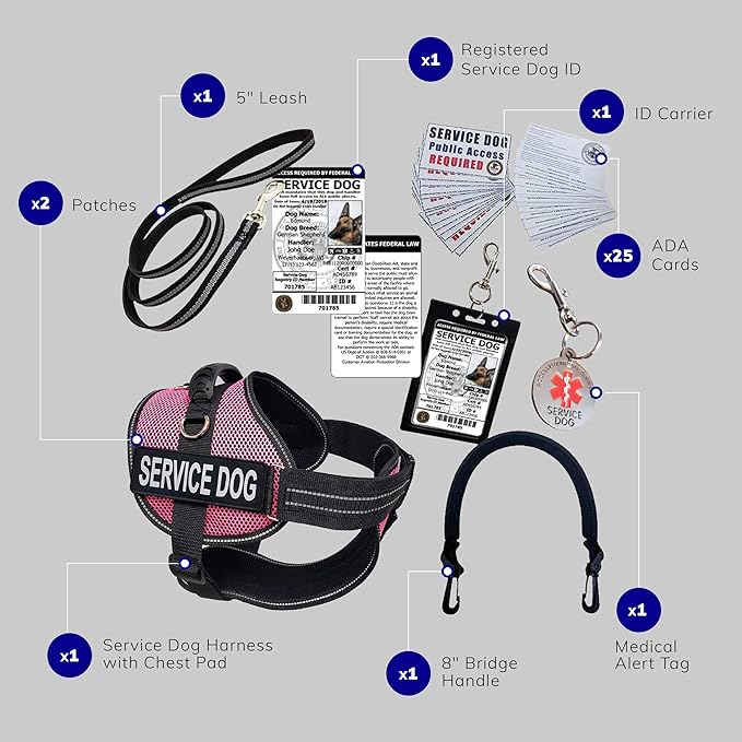 ActiveDogs Full Service Dog Kit - Small Pink - Vest Harness with Handle, ID Holder, ADA Service Dog Cards, Medical Alert Keychain, Leash & Patches