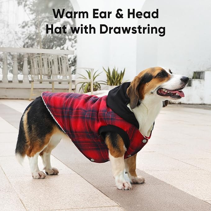 Fleece Lining Dog Hoodie for Small Dogs Extra Warm Plaid Sweater with Drawstring Hooded Coats in Winter Puppy Jacket,Red XS