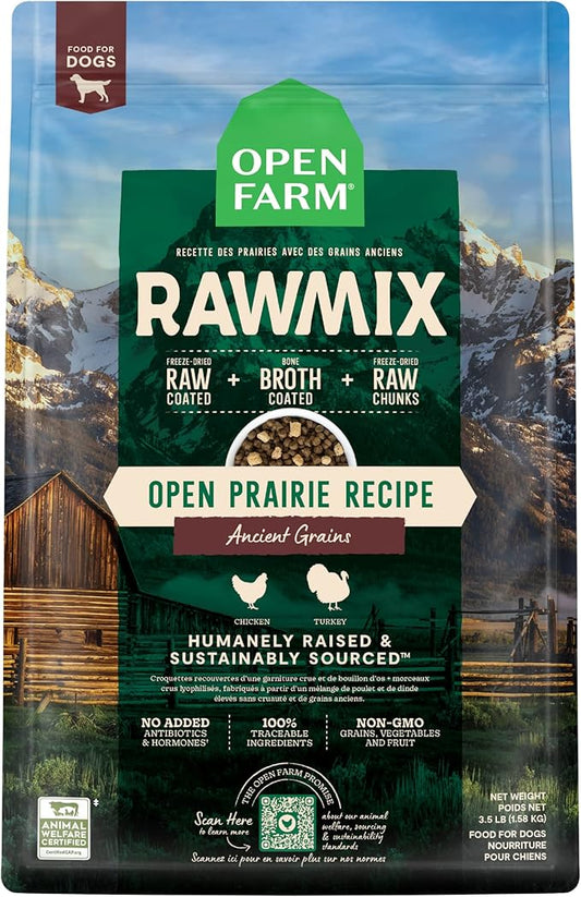 Open Farm, RawMix Dry Dog Food with Ancient Grains, Protein-Packed Kibble Coated in Bone Broth with Freeze Dried Raw Chunks, Chicken & Turkey, Open Prairie Recipe, 3.5lb Bag