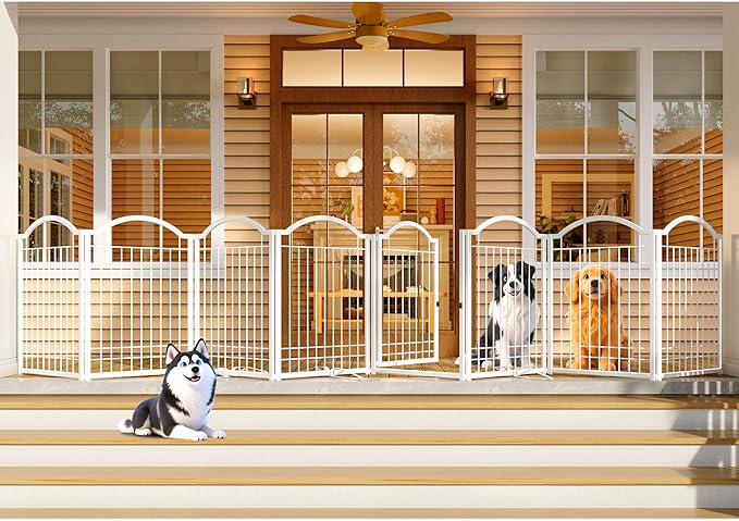 4NM Metal No Drilling Expandable Dog Gate, Extra Wide 192", Extra Tall 32" Free Standing Pet Gate with Door, Gates for Dogs Outdoor or Indoor, with 4PCS Support - White