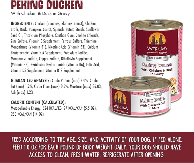 Weruva Classic Dog Food, Peking Ducken with Chicken Breast & Duck in Gravy, 14oz Can (Pack of 12)