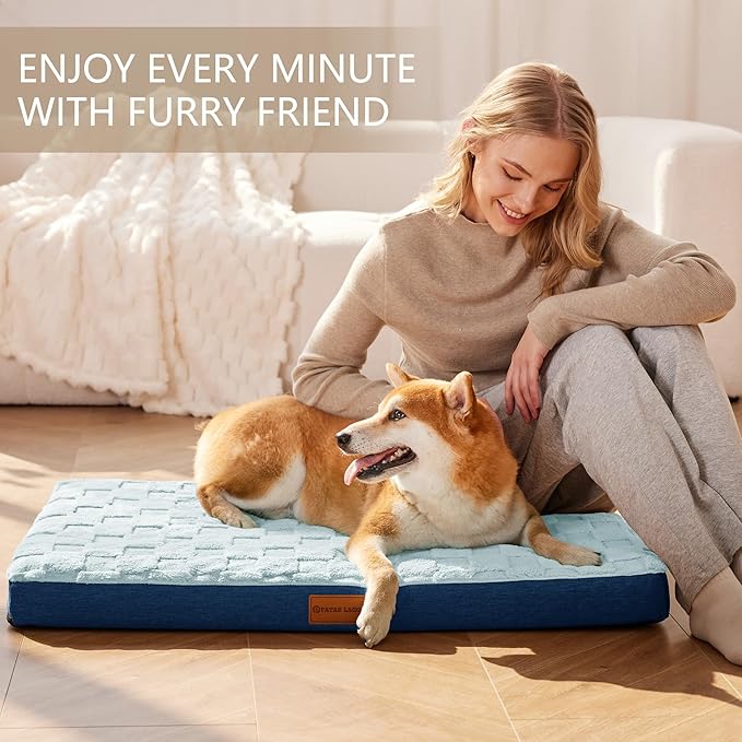 Patas Lague Orthopedic Dog Bed Large Sized Dog 36''X24'', Waterproof Soft Comfortable Egg Crate Foam Large Pet Beds Crate Mat with Removable Washable Cover and Nonskid Bottom, Blue