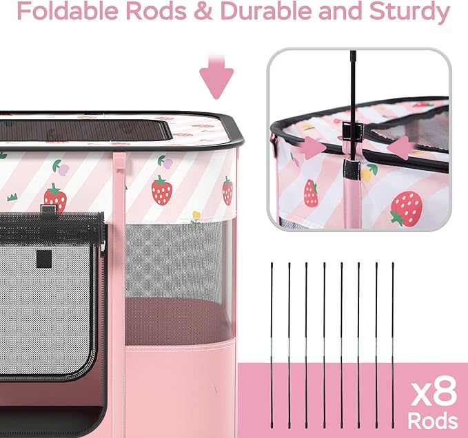 Portable Pet Playpen, Cat Playpen for Indoor Cats Enclosed，Kitten Playpen Indoor with Resistant Breathable Shade Cover,Indoor Outdoor Use for Small Medium Pet (M, Pink)