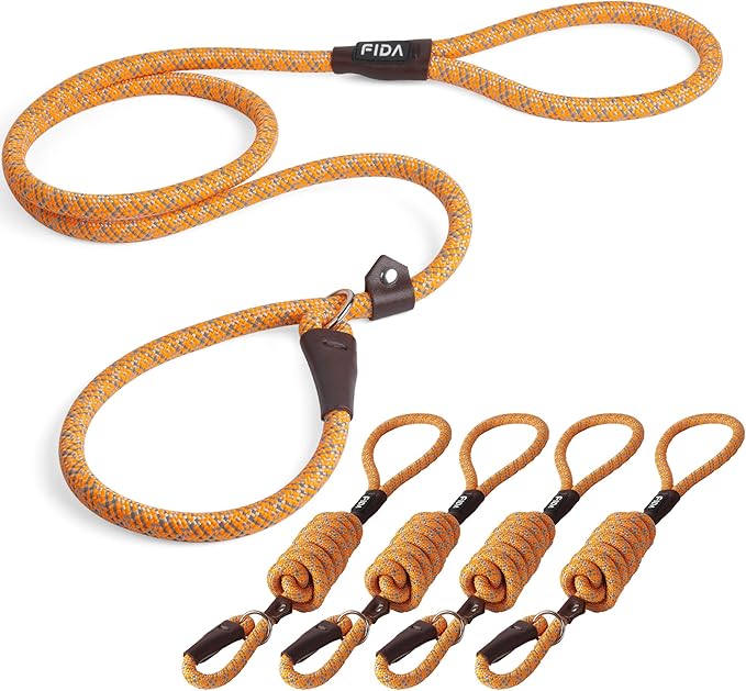 Fida Durable Slip Lead Dog Leash Bulk Pack of 5, Heavy Duty 1/2" x 6 FT Comfortable Strong Rope Slip Leash for Large, Medium Dogs No Pulling Pet Training Leash with Highly Reflective (Orange)