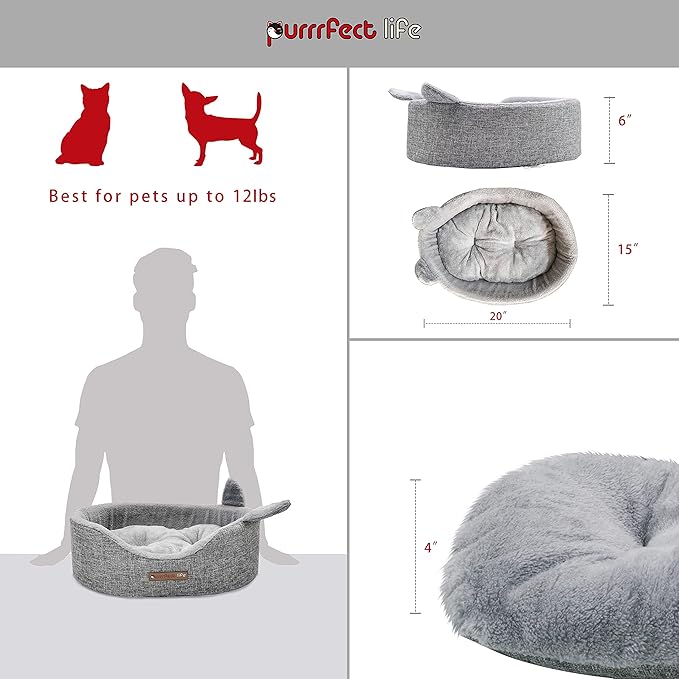 Oval Pet Beds for Cats and Small Dogs, Snuggery Bolster Pet Bed, Ultra Soft Short Plush, Washable High Resilience PP Cotton, and More (Medium, Gray)