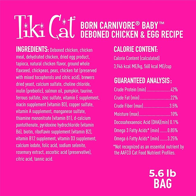 Tiki Cat Born Carnivore Baby, High-Protein and Grain-Free, Complete and Balanced Dry Cat Food for Kittens 6 Weeks+, 5.6 lbs. Bag
