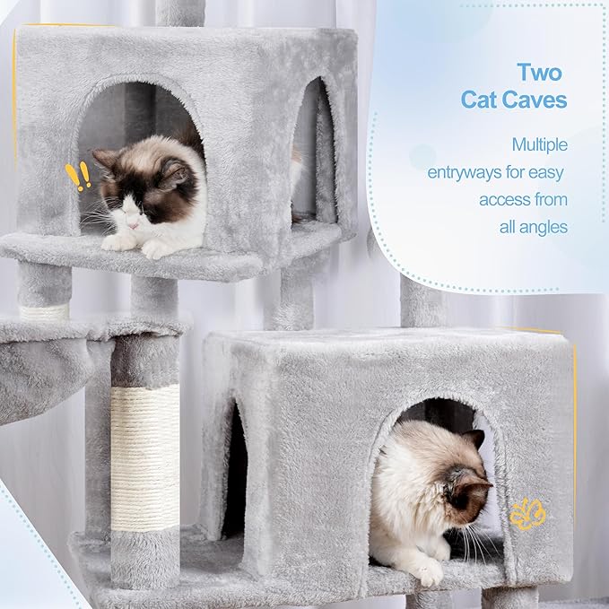 Hey-brother Cat Tree Tower, Scratching Posts with a Extended Part, Wide Platforms, Cozy Condos, Hammocks, Sisal Columns and Ball for Indoor Cats, 70.1 Inches, Light Gray MPJ038W