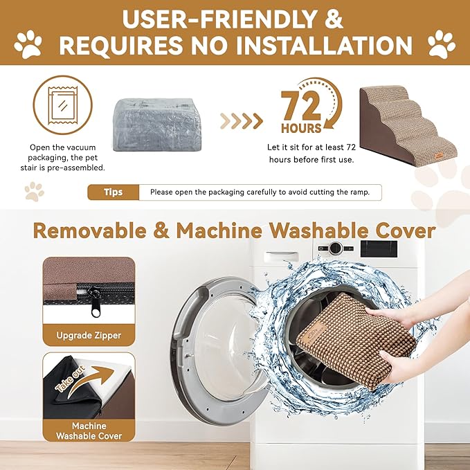 Dog Ramp and Stair for Bed 16" H-20 H,3-Step Cat Stair for Sofa and Chair,4-Step Dog Ramp for High Bed and Window,Durable Nonslip Fabric Cover for Indoor (Coffee-16 H, Pet Friendly, 3)