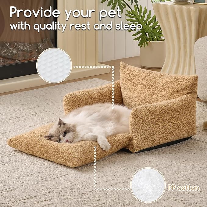 Hollypet Cat Bed Fluffy Plush Mutifuctional Double-Layer Soft Pet Couch Orthopedic Sofa Nest Beds for Small Cats and Dogs, Yellow Leopard (25x20x13 inch)