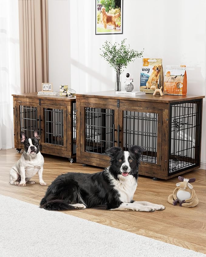 Dog Crate Furniture with Cushion, Large Wooden Dog Kennel Indoor with Double Doors, Dog Cage with Wheels, Dog House Side End Table for Large Medium Dogs up to 70 lb, 38.5” L, Rustic Brown