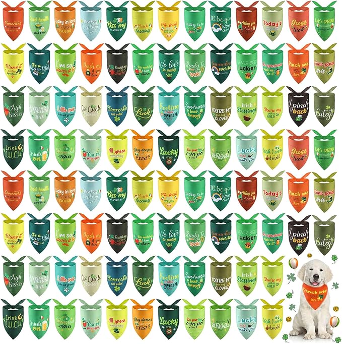 100 Pcs St Patrick's Day Dog Bandana Bulk with Sayings Pet Triangle Scarf Bibs Washable Puppy Kerchief Adjustable Grooming Supplies for Small Medium Large Dog Cat Costume Accessories