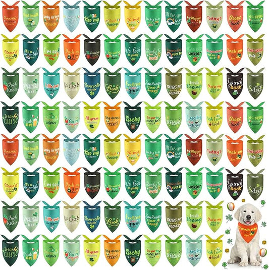 100 Pcs St Patrick's Day Dog Bandana Bulk with Sayings Pet Triangle Scarf Bibs Washable Puppy Kerchief Adjustable Grooming Supplies for Small Medium Large Dog Cat Costume Accessories