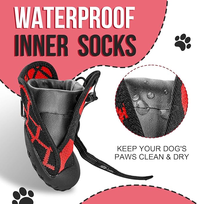 Dog Shoes for Large Medium Size Dogs, Waterproof Anti Slip Red Dog Boots&Paw Protectors for Winter Snow, Summer Hot Pavement, Dog Booties for Outdoor Walking Hiking Hardwood Floor