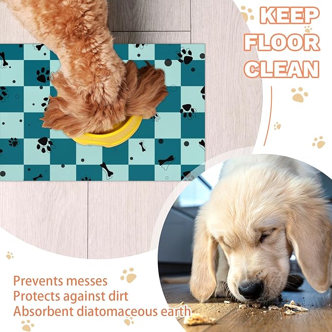 Checkered Absorbent Dog Feeding Mat Quick Dry Diatom Mud Non-Slip Pet Food Placemats Pad with Rubber Backing for Food and Water Bowls 12"x20"