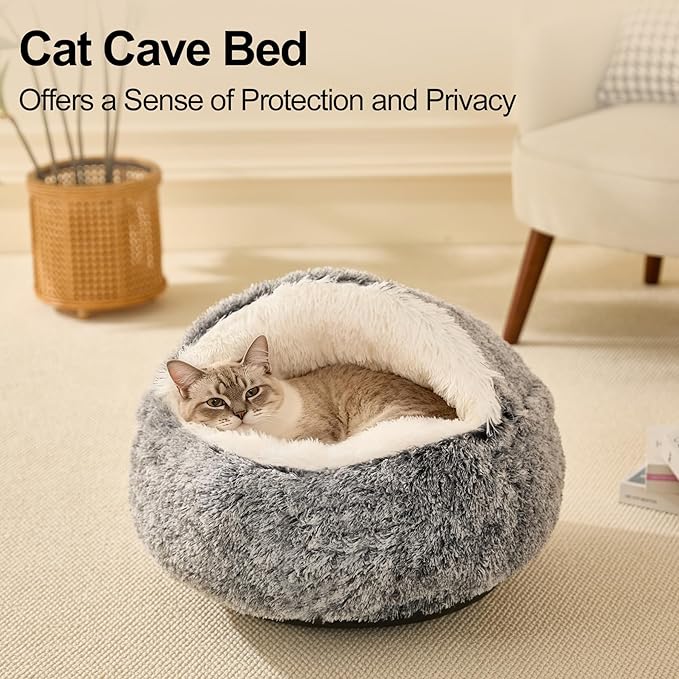 MADDEMCUTE Calming Dog & Cat Cave Bed With Hooded Cover, Removable Washable Round for Small Medium Pets, Anti-Slip Faux Fur Fluffy Coved for Improved Sleep, Fits up to 15/25 lbs (Grey, S)