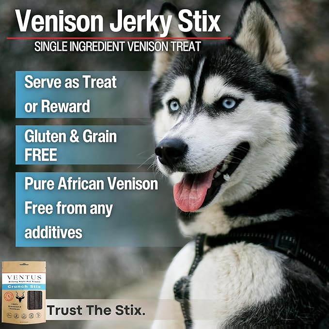 VENTUS Jerky Crunch Stix - Single Ingredient High Protein Dog Training Treats, Wild Venison, Air-Dried, Grain Free Training Treats for Dogs, 8 oz