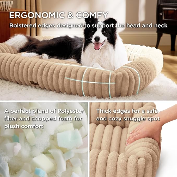 Bedsure Washable Dog Bed for Medium Dogs - Cute Furry Puppy Beds, Rectangle Orthopedic Corduroy Fleece Pet Beds with Removable Zipper Cover, 43x30x8inches, Sandy Beige
